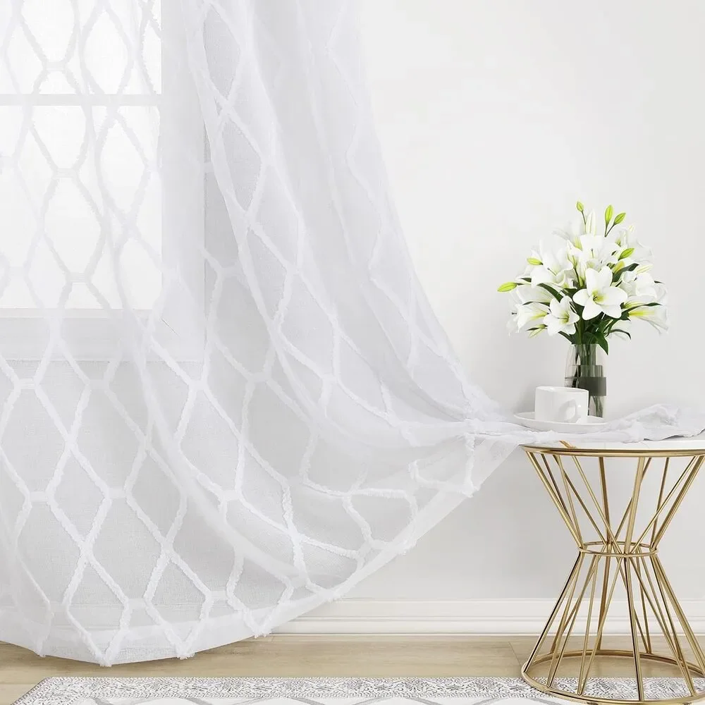 Sheer Curtains Bedroom/Living Room Trellis Pattern 54 x 108, 2 Panels White